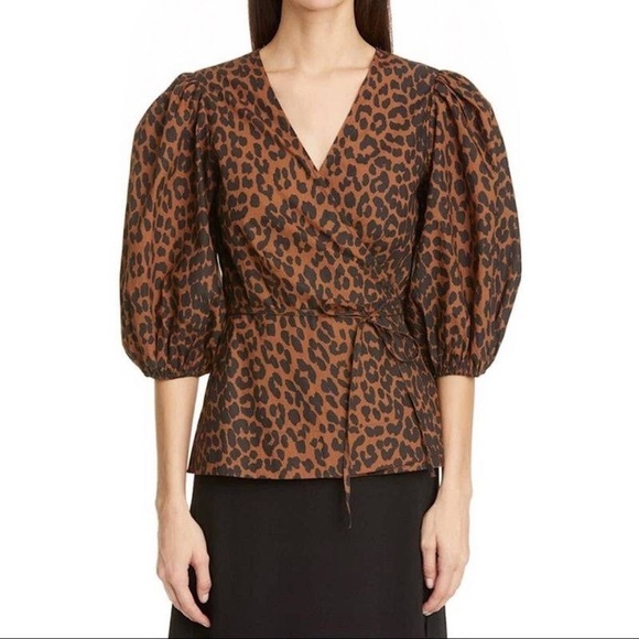 NWOT Ganni Leopard Print Balloon Sleeve Wrap Top, Size 34 - Picture 2 of 6